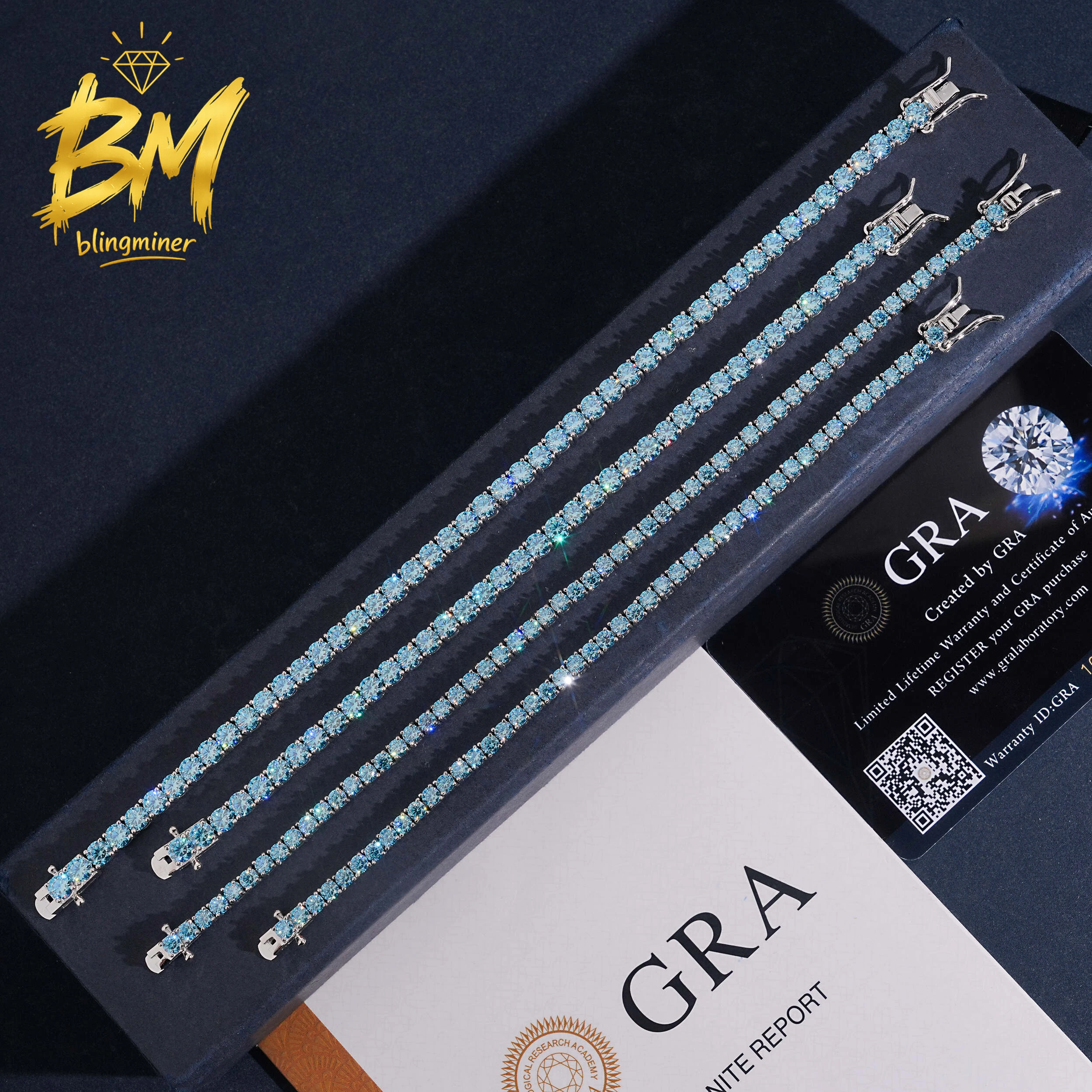 Blingminer 3mm 4mm Aqua Blue VVS Moissanite Tennis Chain Iced Out Necklaces For Men S925 Silver Pass Diamonds Tester GRA