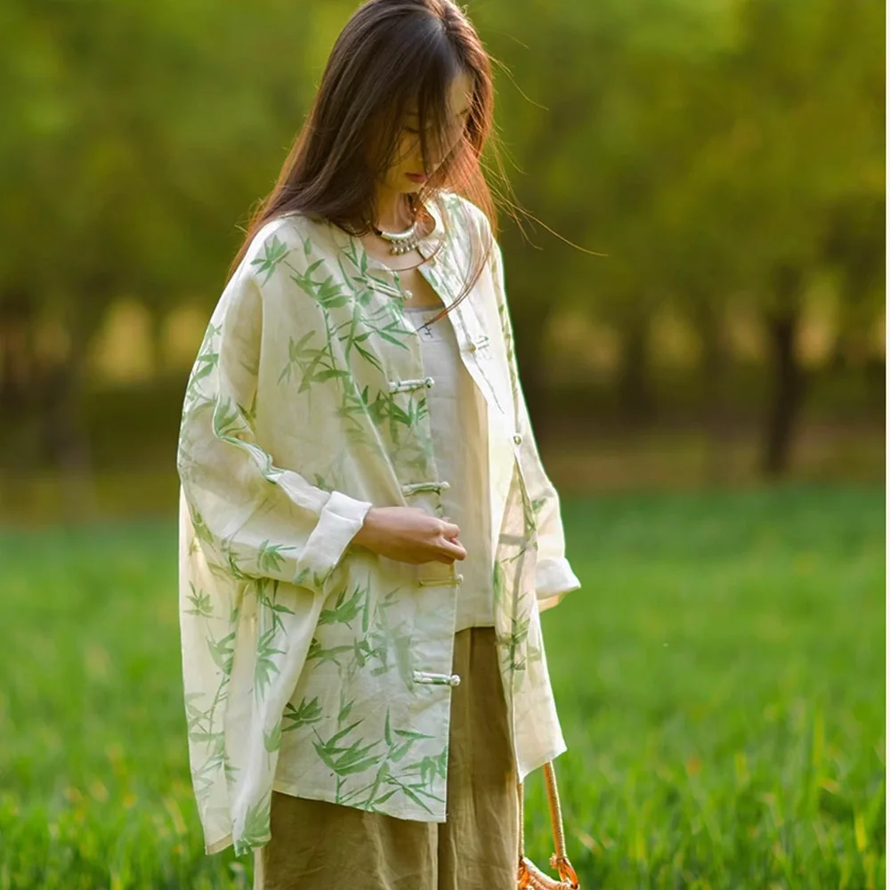 Print Dunne Jas Kimono Vintage Chinese Kikker Knop Halflange Zonbeschermende Shirt Vrouwen Zomer Losse Grote Ramee tops