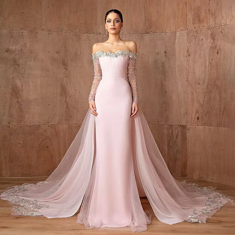 Vintage Pink Evening Dress Romantic Prom Dress Satin Sheath Mermaid Appliques Strapless Backless Robes Vestidos De Noche Custom