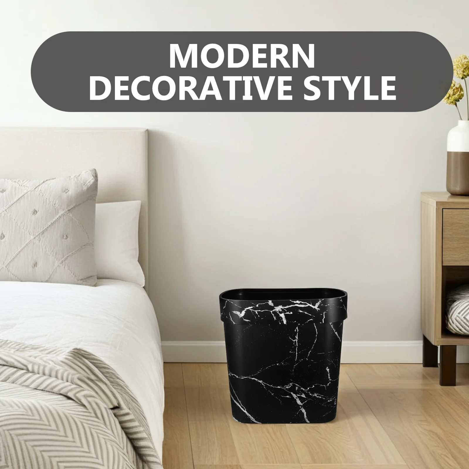 Marble Design Trash Can Oval Plastic Wastebasket Narrow Open Top Rubbish Container for Bathroom Kitchen Bedroom