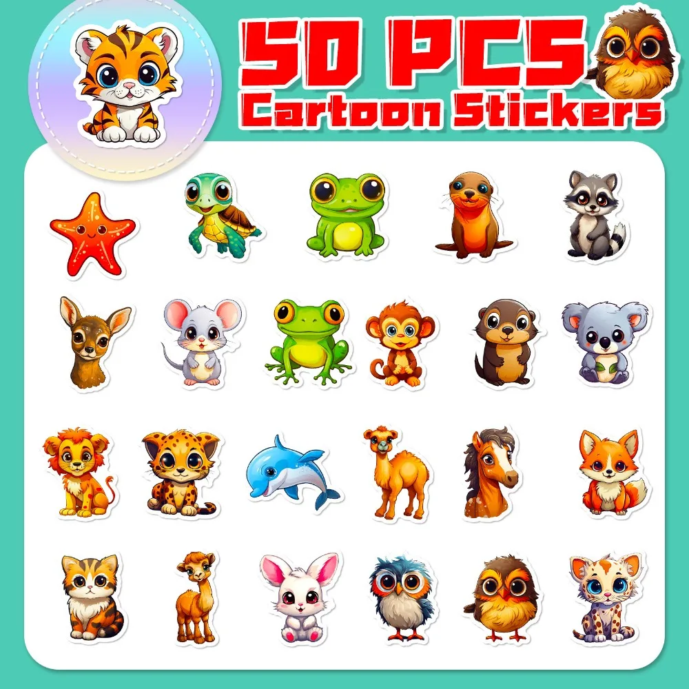 50pcs Cute Animal Stickers with Big Eyes Waterproof Vinyl Decals DIY Laptops Water Bottles Phones Decorative Stickers Kids Toy