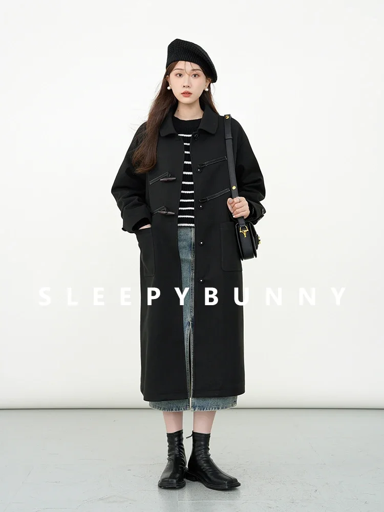 女性用ブラックウールダッフルコート,ヘッドバーンスタイル,ホーン