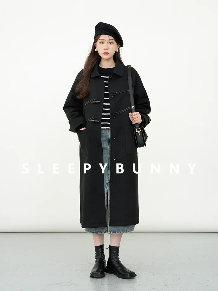 女性用ブラックウールダッフルコート,ヘッドバーンスタイル,ホーン