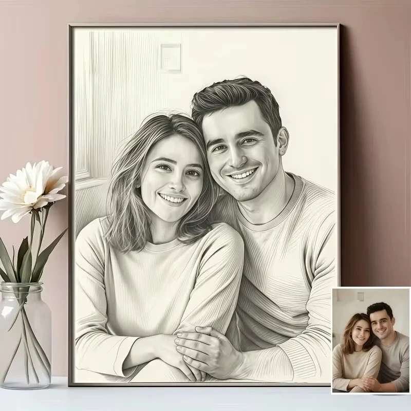 Custom pencil-drawn style sketches, frameless canvas paintings, family portraits, friends' photos, couple photos