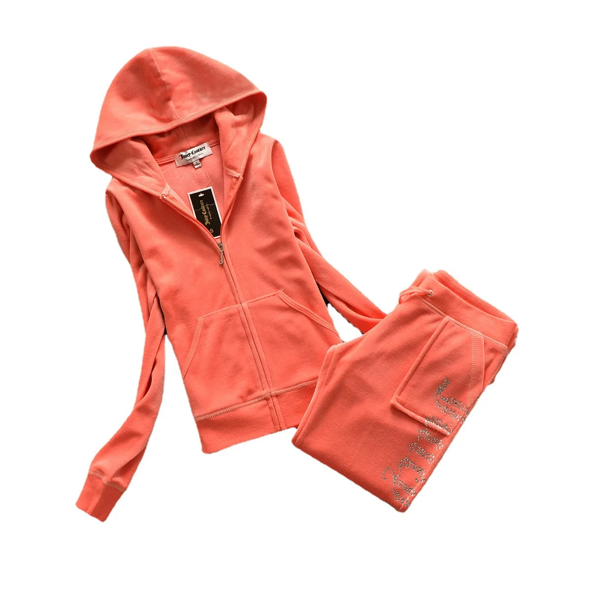 بدلة رياضية نسائية من Juicy Couture مع قلنسوة وسراويل طويلة طقم رياضي مكون من قطعتين بدلة رياضية صيفية مخملية جديدة في مجموعات متطابقة