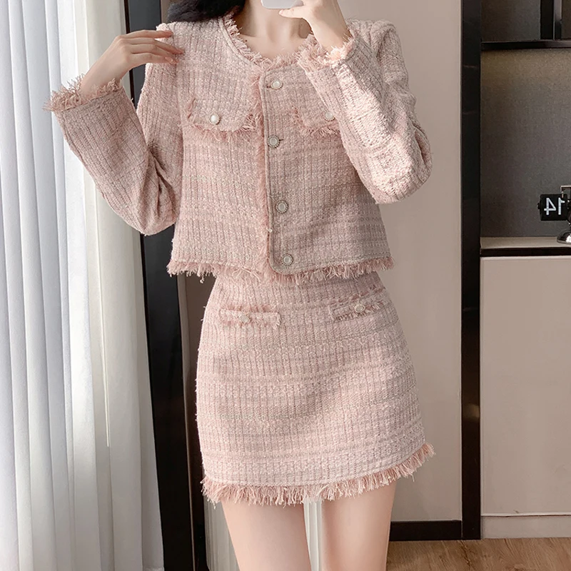 

Модные французские винтажные розовые твидовые комплекты из двух предметов, женская одежда, высококачественная шикарная куртка с бахромой, пальто + облегающие мини-юбки, костюмы