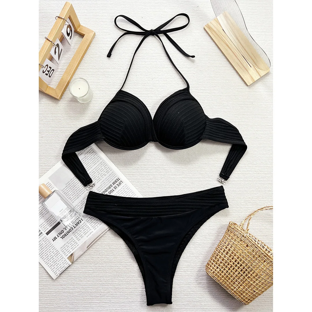 Gefalteter Neckholder-Bikini mit Bügel, Damen-Badebekleidung, zweiteiliger Bikini-Set, mittelhoher Bund, Badeanzug, Badebekleidung, Schwimmbekleidung V5440 – Detail 18