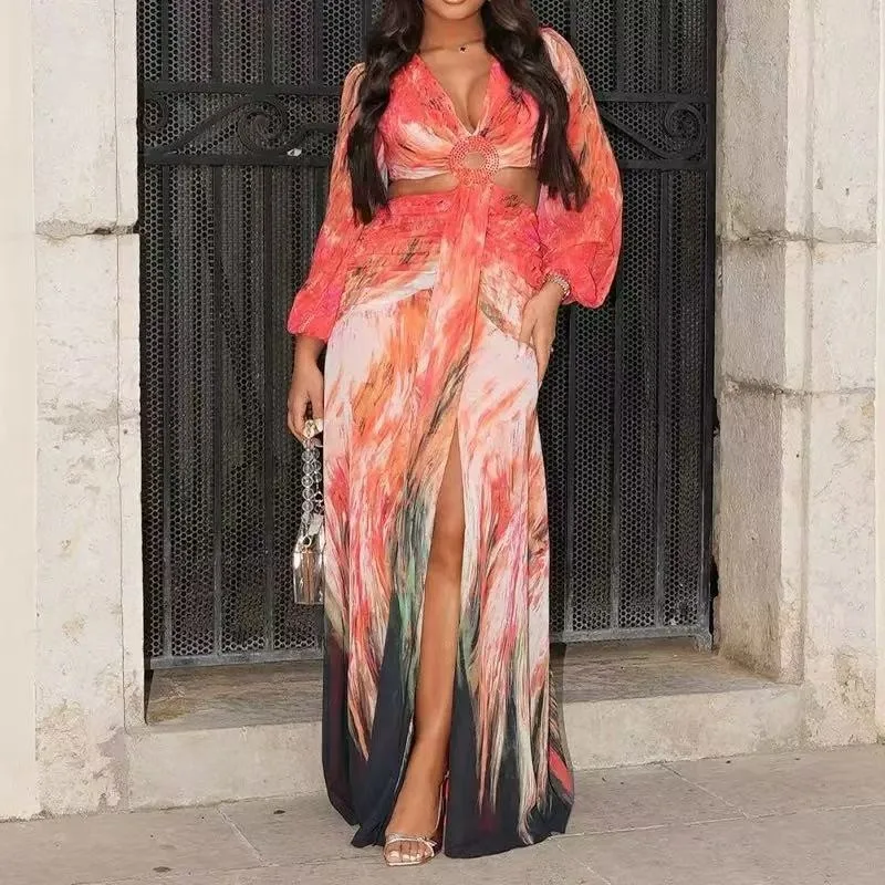 Abito da spiaggia floreale per le vacanze da donna sexy Elegante abito da festival tropicale con maniche lunghe Y2K con scollo a V scavato e spacco increspato