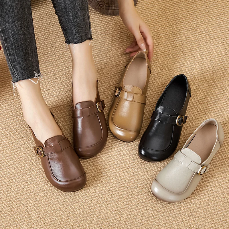 

2024 Spring Autumn Genuine Leather Woman Flat Shoes Female Slip-On Comfort Footwear Shoes Middle Aged And Elderly Mother Shoes