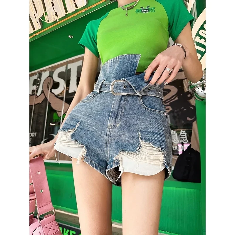 Perforated Denim Shorts for Women Spicy Girl Retro High Waist Shorts Summer Loose Worn-Out Shorts Y2K Streetwear