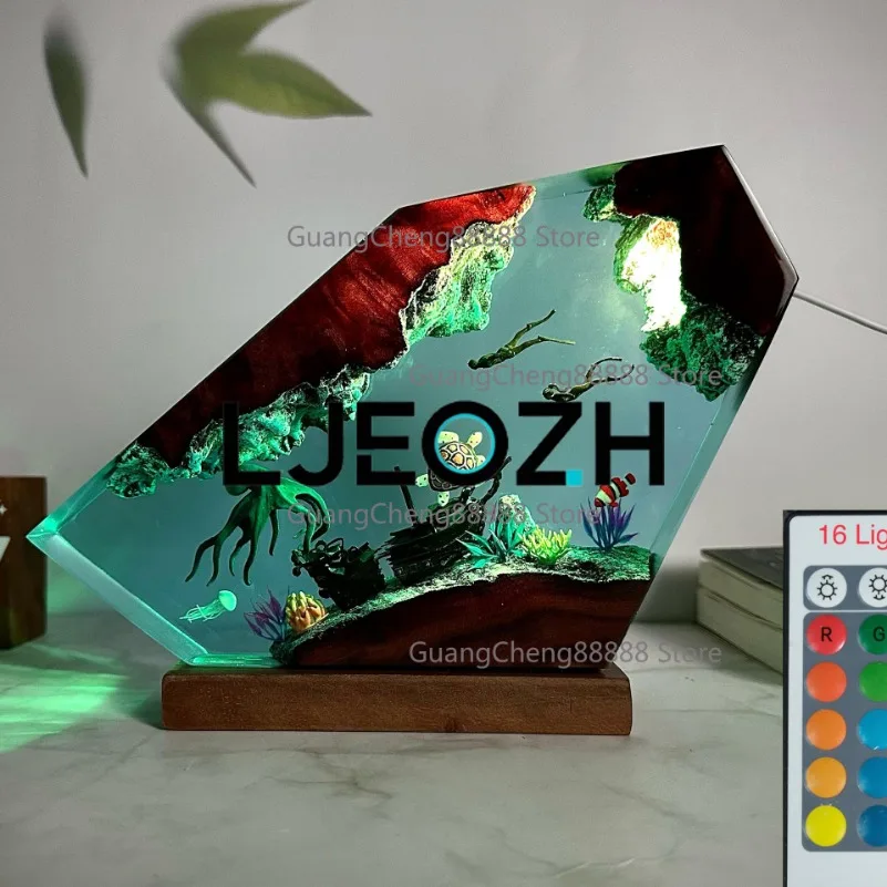Resin Gift Lamp Diorama Resin Light Giant Octopus Diver Creative Resin Ornament