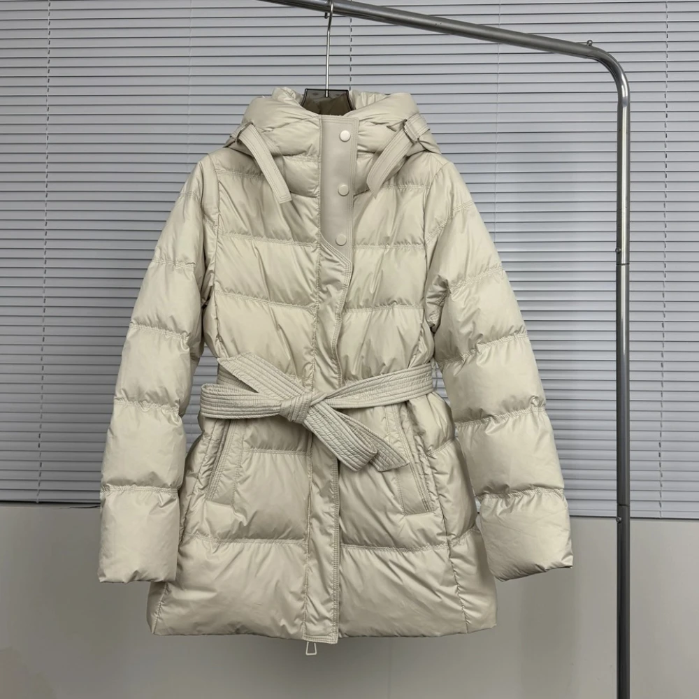 

2025 Autumn Winter New Women's Hooded Down Coat Fashion Mid-Length Street Belted Waist Warm Slimming White Duck Feather Jacket