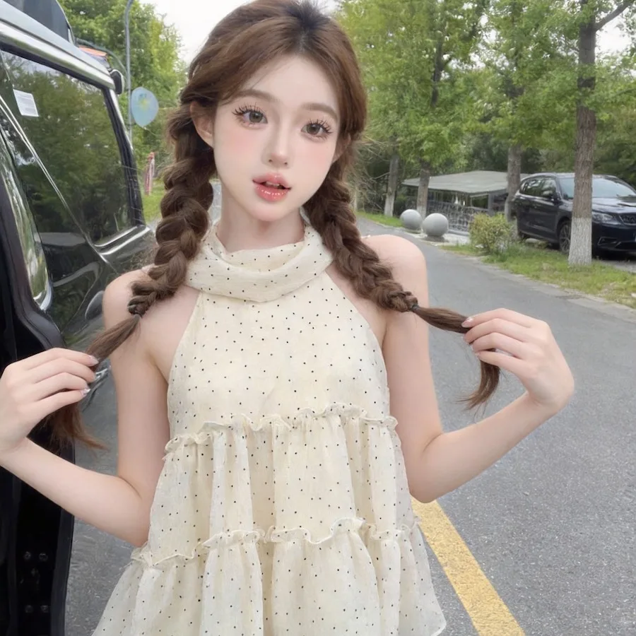 

Summer 2026 New Style Korean Loose Fit Sleeveless Polka Dot Mesh Shawl Neck Top with Gored Skirt Hemline Women's Fashion