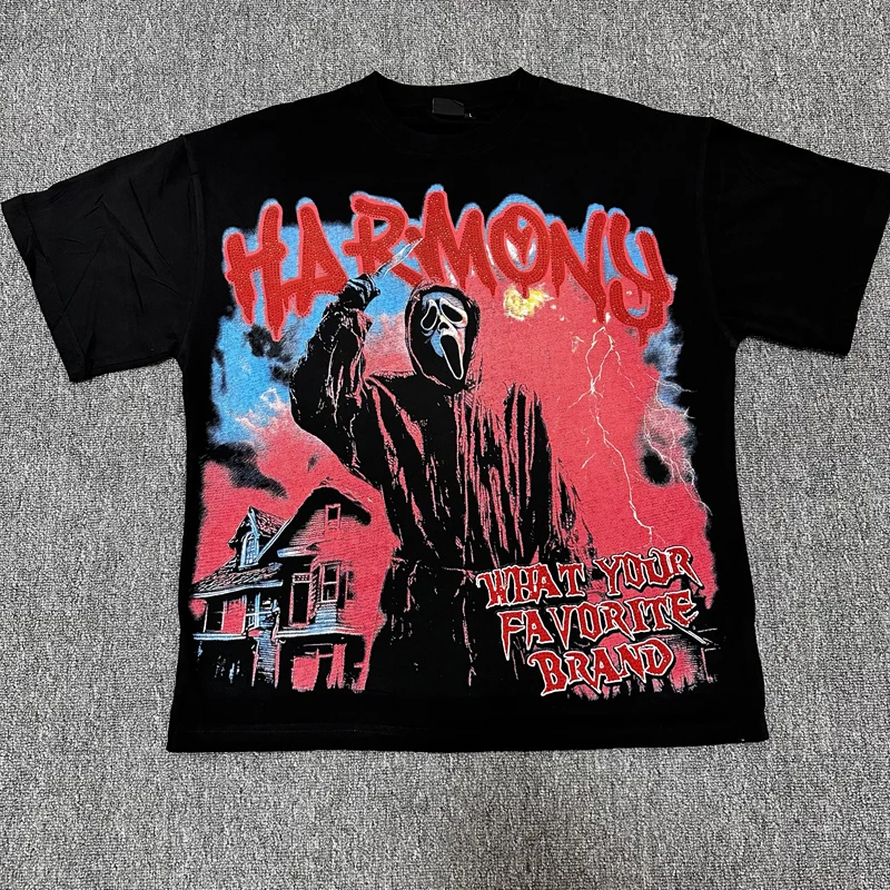2026ss Hip Hop Abstract Print HARMONY Short Sleeve T-Shirt High Quality Loose Casual Round Neck Rhinestone Tee Top