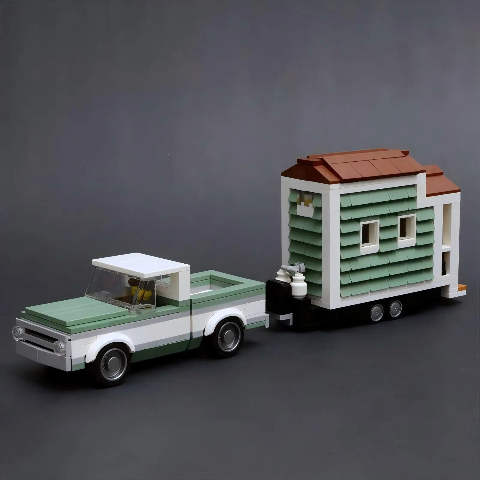MOC Creative Green Pickup C10 Trailer Small House Combination Building Blocks Model Adult Assembly Toys Birthday Gift Ornament