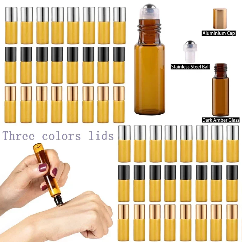 10Pcs 1/2/3/5/10ml Empty Amber Glass Roll On Bottles Portable Refillable Essential Oil Vial Liquid Containers For Perfumed Toner