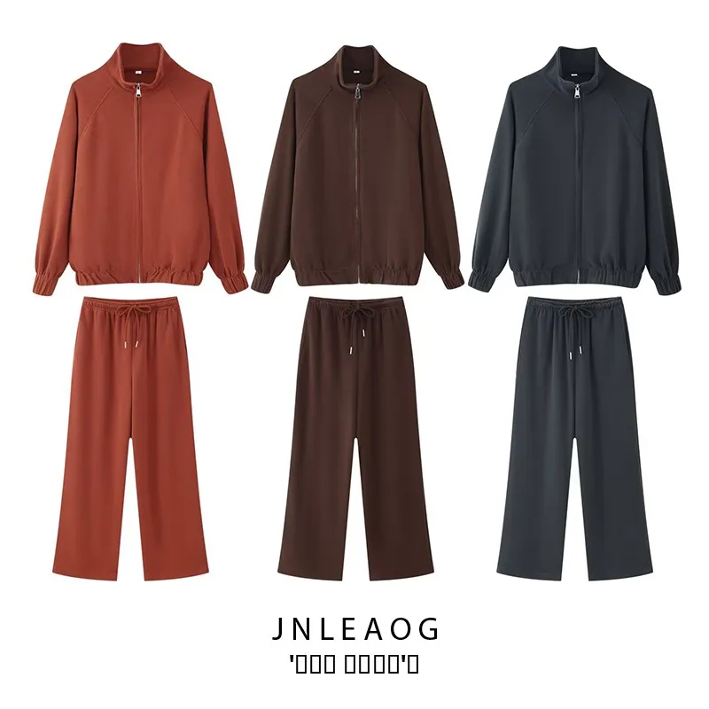 

JNLEAOG, осенний новый женский модный мягкий свитшот на молнии, прямые повседневные брюки, комплект из двух предметов, длинный свек из полиэфирного волокна