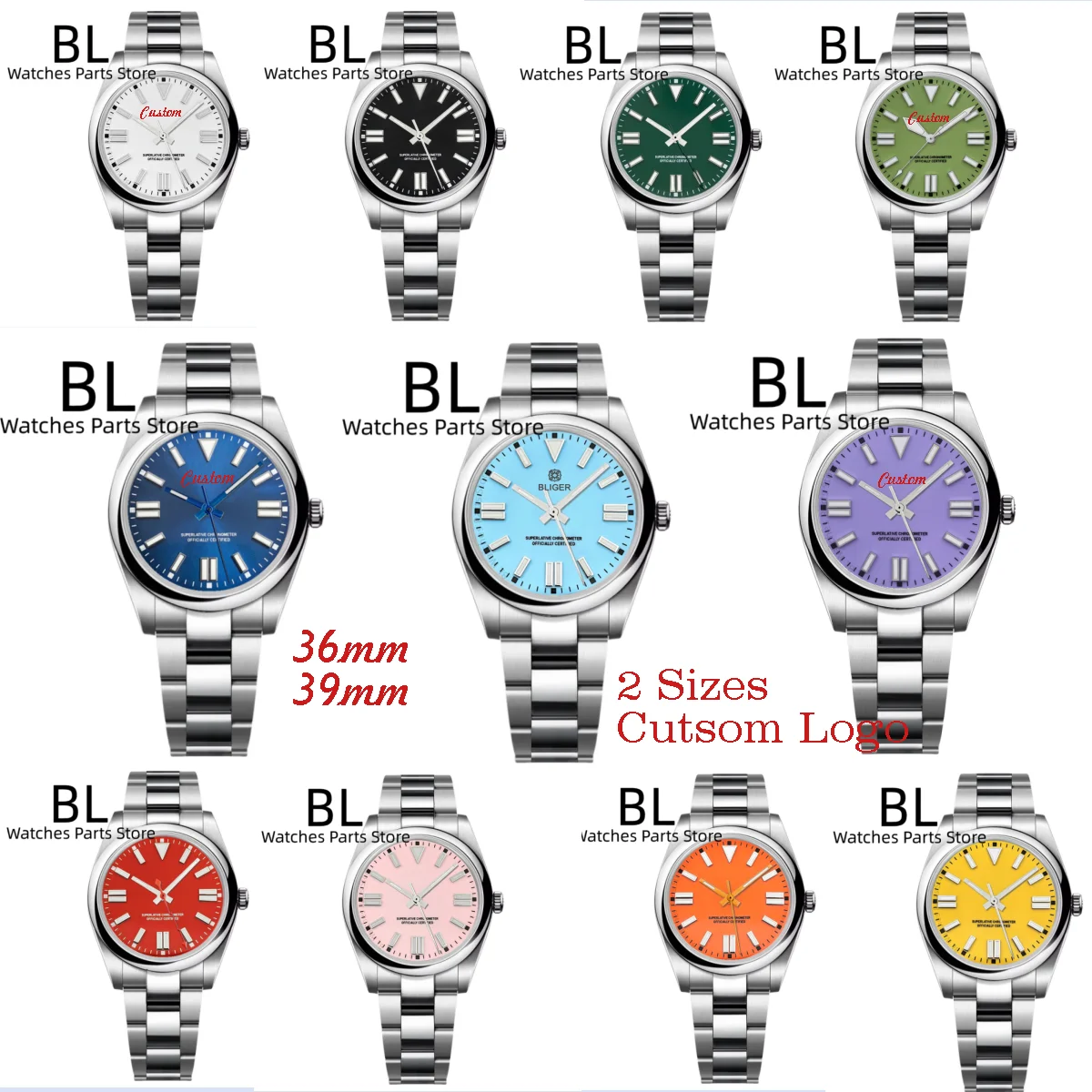 BLIGER Custom logo Relogio Masculino Sapphire Crystal Watch For Men Waterproof No Date Red Sky Blue Lavender Dial Green Luminous