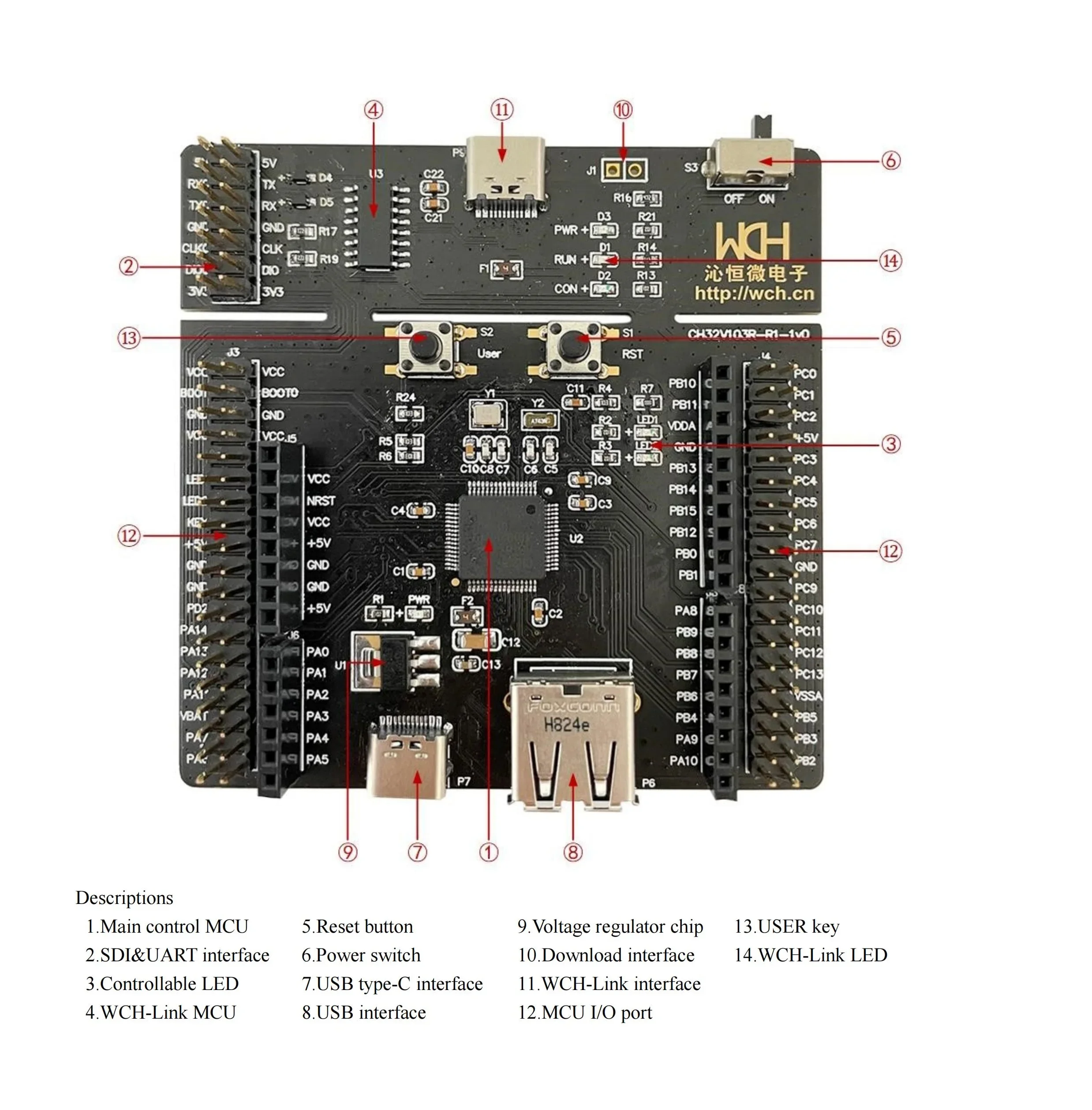 CH32V103R8T6-EVT-R1 Entwicklungsboard, On-Board WCH-Link Debugger CH32V103R8T6 Mikrocontroller-Evaluierungsboards