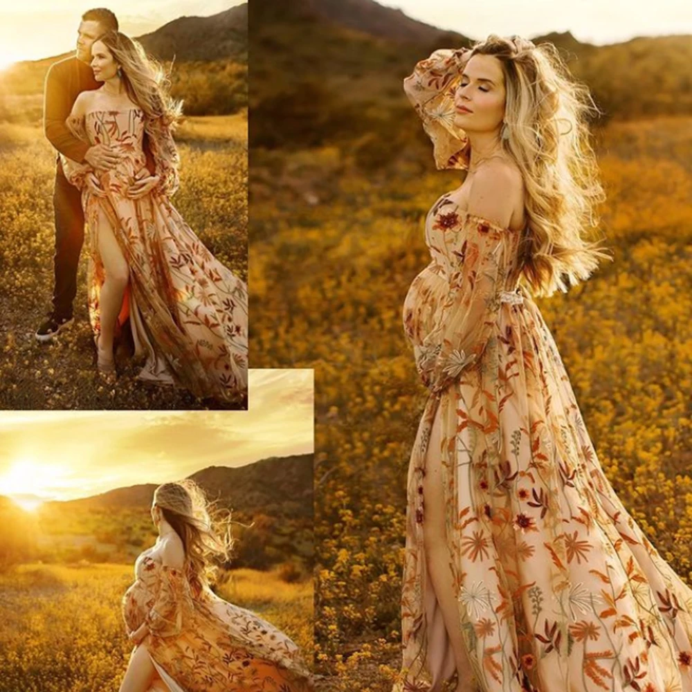 

Strapless Embroidery Lace Evening Dress Long Sleeves Prom Party Dresses Photo Shoots Props Side Slit YW230320
