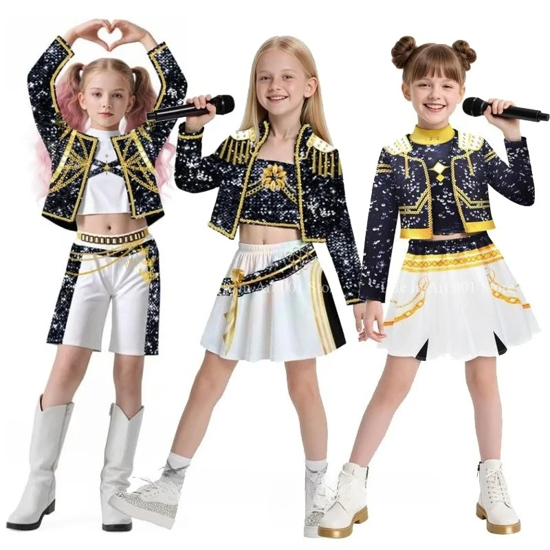 

Girls Kids Zoey Rumi Mira Cosplay Idol Black Stage Perfermence Suit K-Pop Demon Hunters Costume Set Child Halloween Carniva Suit
