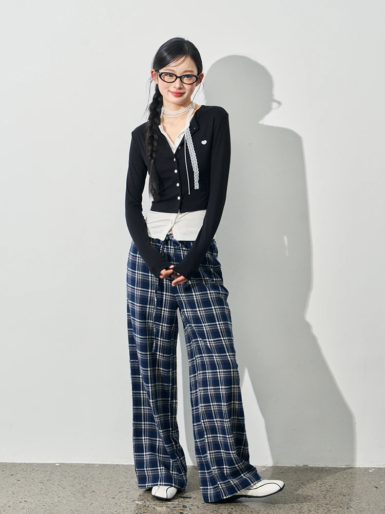

Andasaya Casual Plaid Pants Loose Lace Double Waist Design Wide Leg Long Pants Versatile High Waist Straight Leg Cotton Korea...