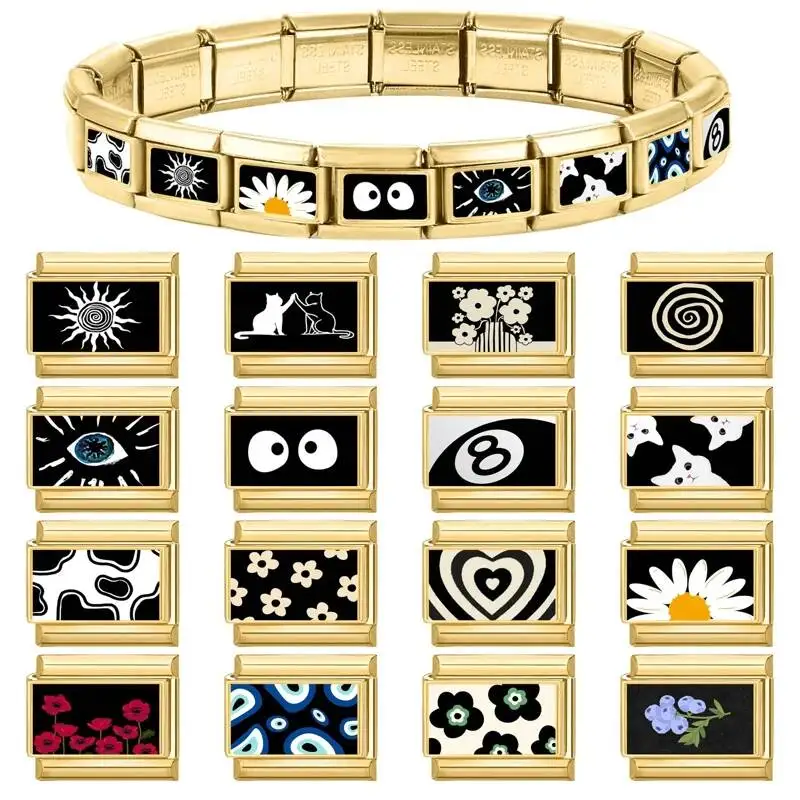 Black Series NO.8 Ball Eyes Flower Cat Golden Italian Links Charm Fit 9Mm Stainless Steel Modular Bracelet Jewelry Making Gifts