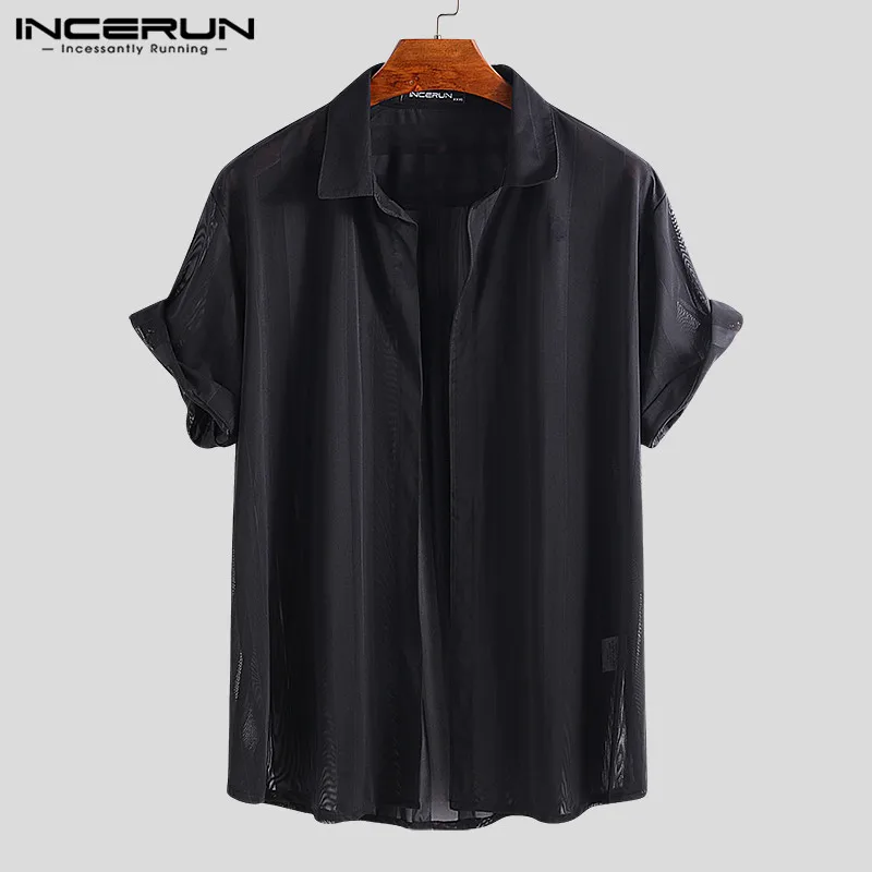 2024 Men Striped Shirt Lapel Short Sleeve Transparent Sexy Camias Streetwear Fashion Party Nightclub Shirt Men S-5XL INCERUN