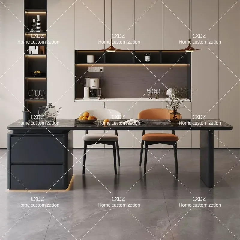 Modern Minimalist Solid Wood Dining Table with Flush Rock Slab Top Multi Functional Kitchen Storage and Warming Feature for