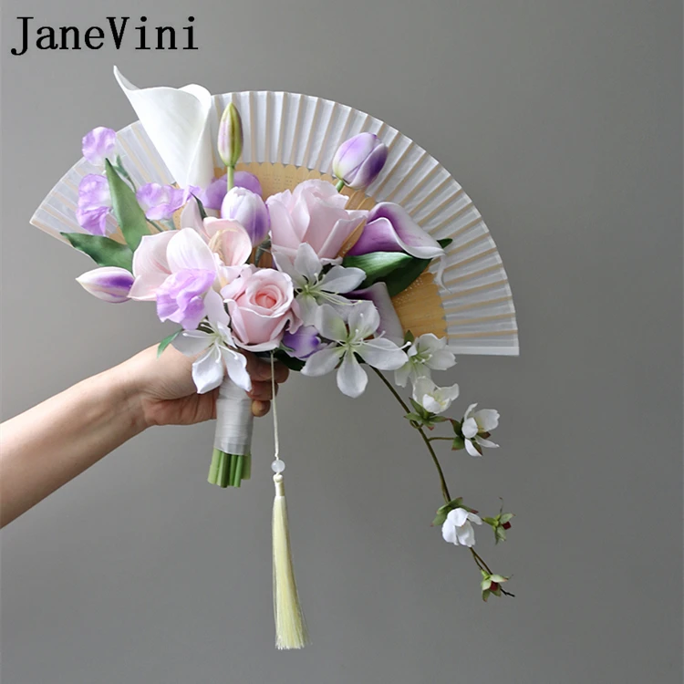 JaneVini 2024 Artificial Purple Tulip Wedding Flower Bridal Fan Chinese Style Bride Flowers Pink Women Dance Fan Wedding Bouquet