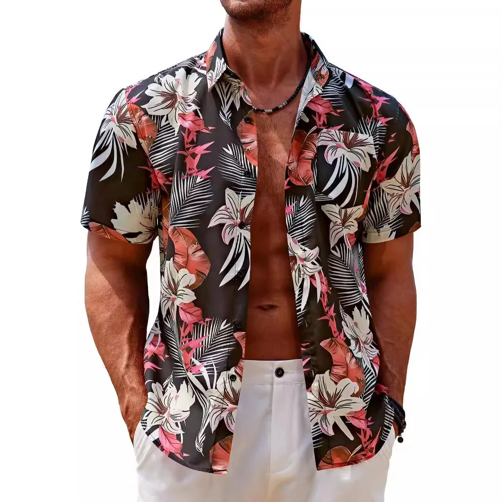 

Men's Casual Short Sleeve Shirt with Pocket 3D Printed Lapel Design Floral Pattern Slim Fit Spring Season Youth Fashion