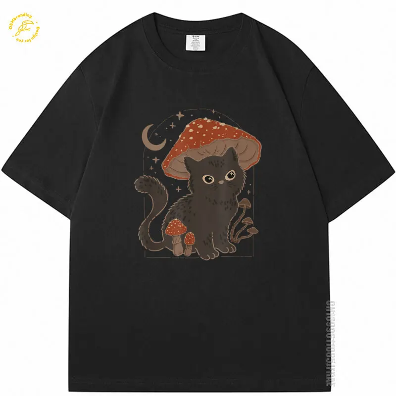 

Cute Cottagcore Cat Mushroom Hat Vintage Grunge Aesthetic 2025 Hot Men Oversized T-Shirt ماركات Топ Летний 오버핏 반팔 Short Sleeve