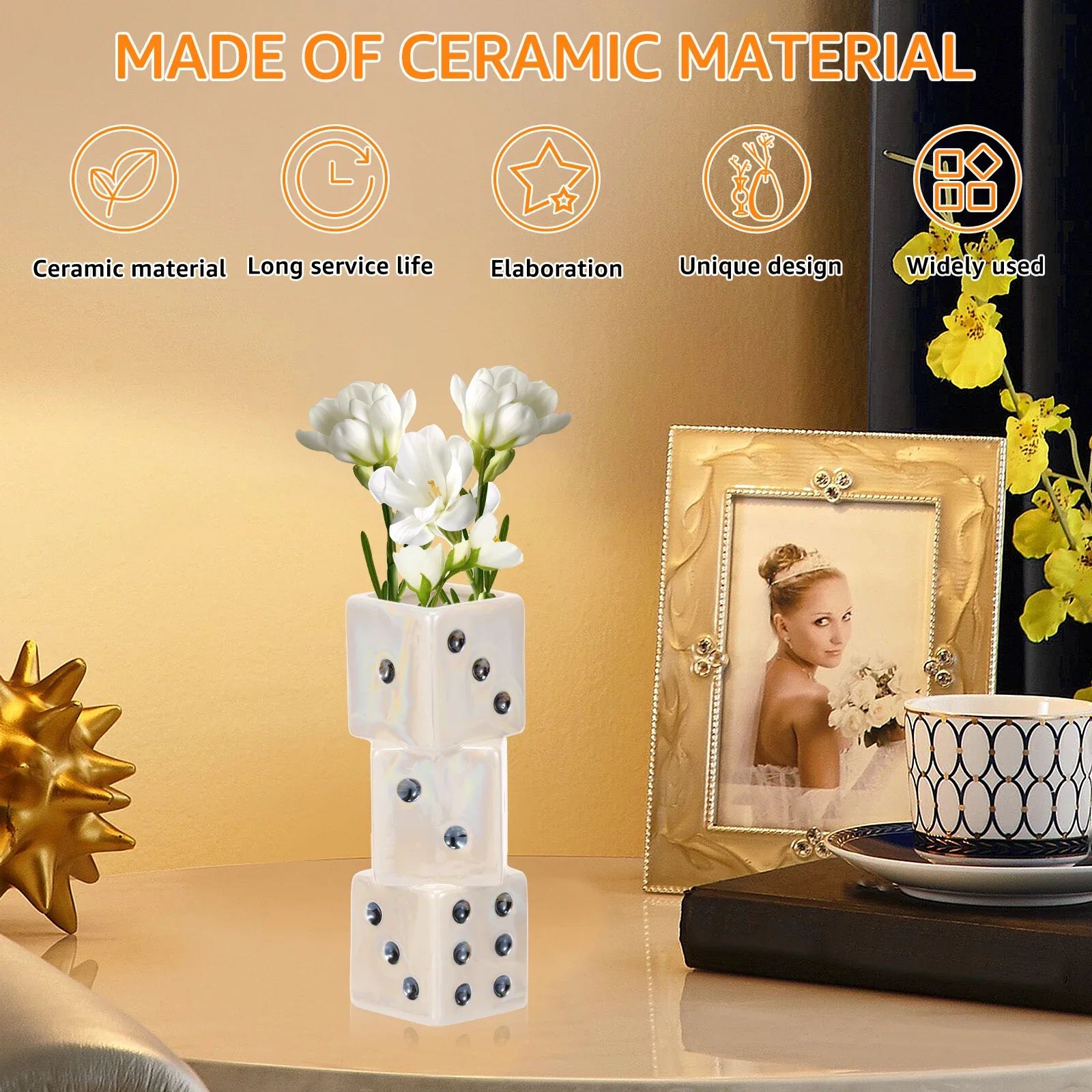Dice White Ceramic Vase Versatile Stable Funky Dice Vase Practical Unique Stylish Geometric Ceramic Decor for Living Room