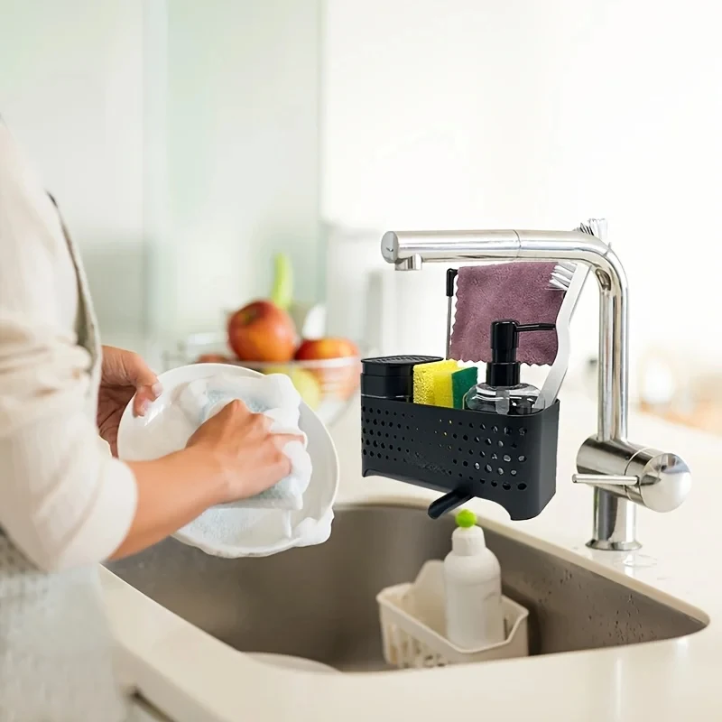 Kitchen Sink Caddy Set 5 Deep Compartments Cleaning Tools Accessories Including Soap Dispenser Towel Rack Black
