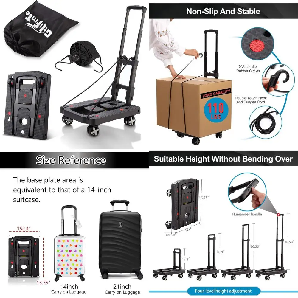 

Складная тележка с регулируемой ручкой, легкая тележка на 4 поворотных колесах для удобной транспортировки и хранения (черная)