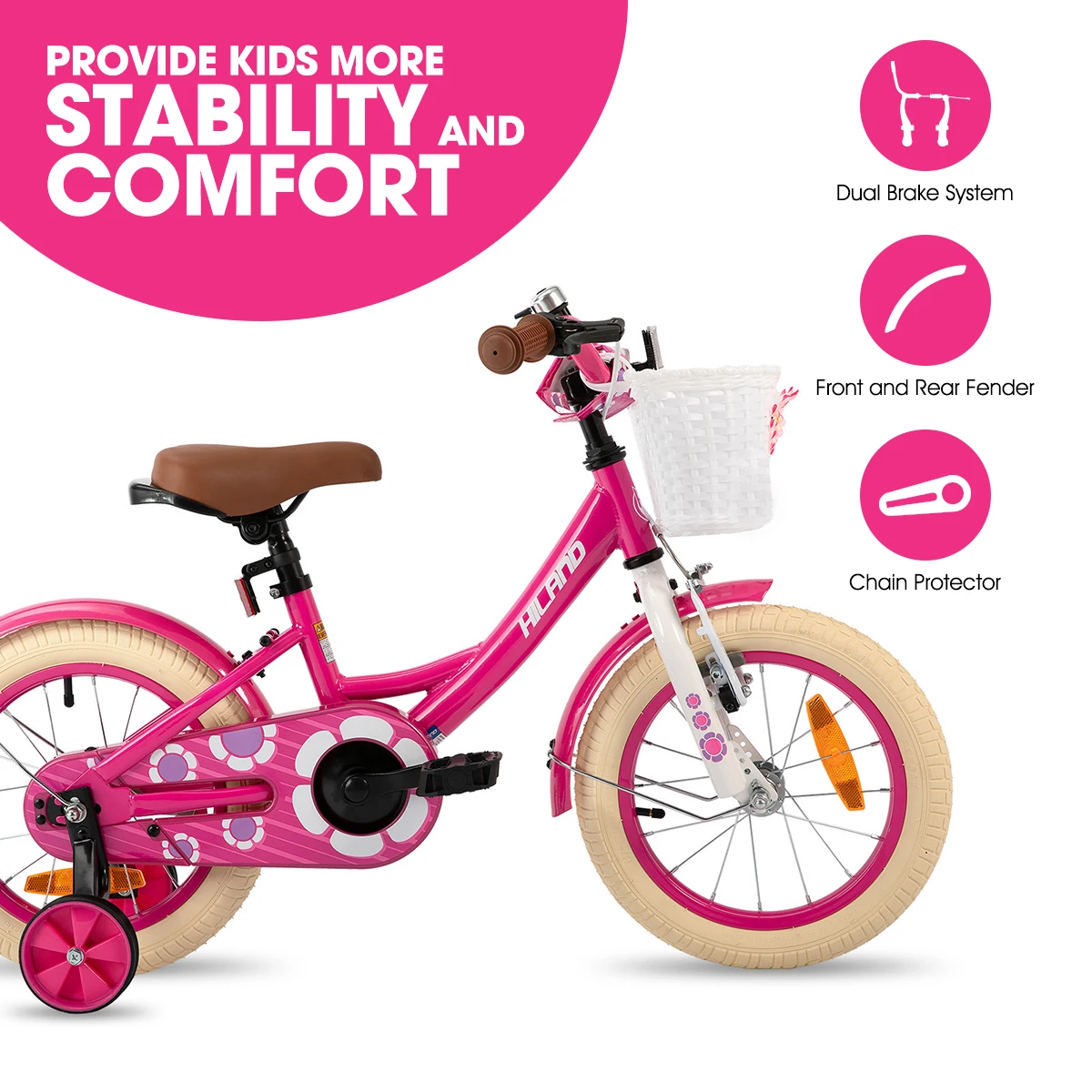 HILAND meisjesfiets voor peuters en kinderen van 2-7 jaar oud, 12 14 16 inch kinderfiets voor meisjes met zijwieltjesmand, roze