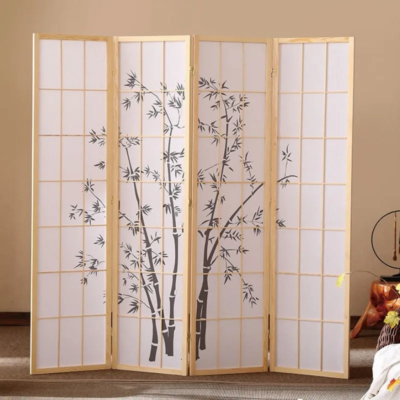 Solid wood Japanese screen folding mobile partition living room with baffle simple modern bamboo pattern wooden camphor grid