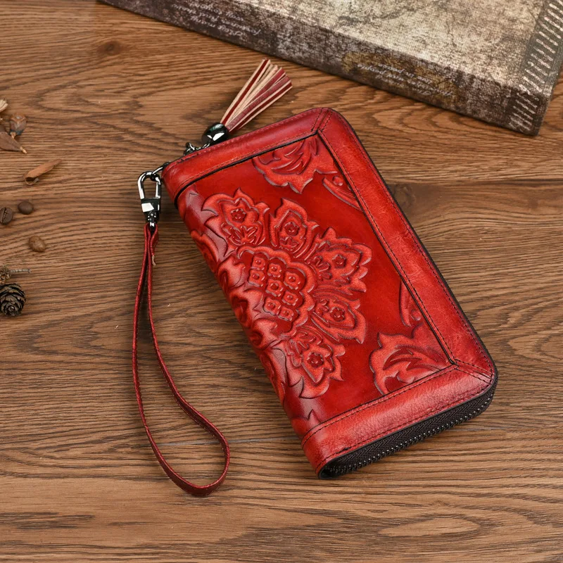 Vintage Floral Carved Long Wallet, Head Layer Cowhide Purse with Zipper for Phone