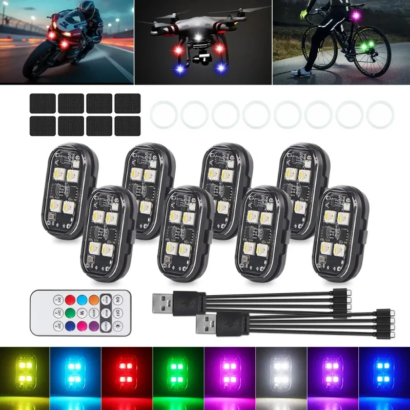 1/2/4/6/8/10Pcs Wireless Light Aircraft Airplane Helicopter Warning Lights RGB Led Strobe Lights Motorcycle Warning Flash Lights