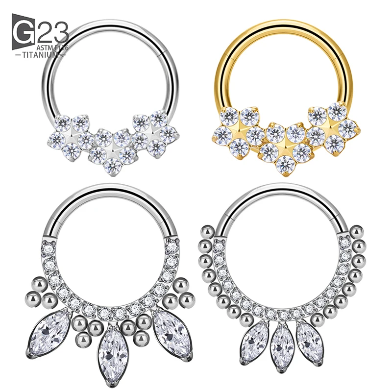 

ASTM F136 Titanium EAR PIERC Fan-shaped and side CZ Ring Hoop Nose Rings Hinged Clicker Earring Labret Tragus Ring Body Piercing