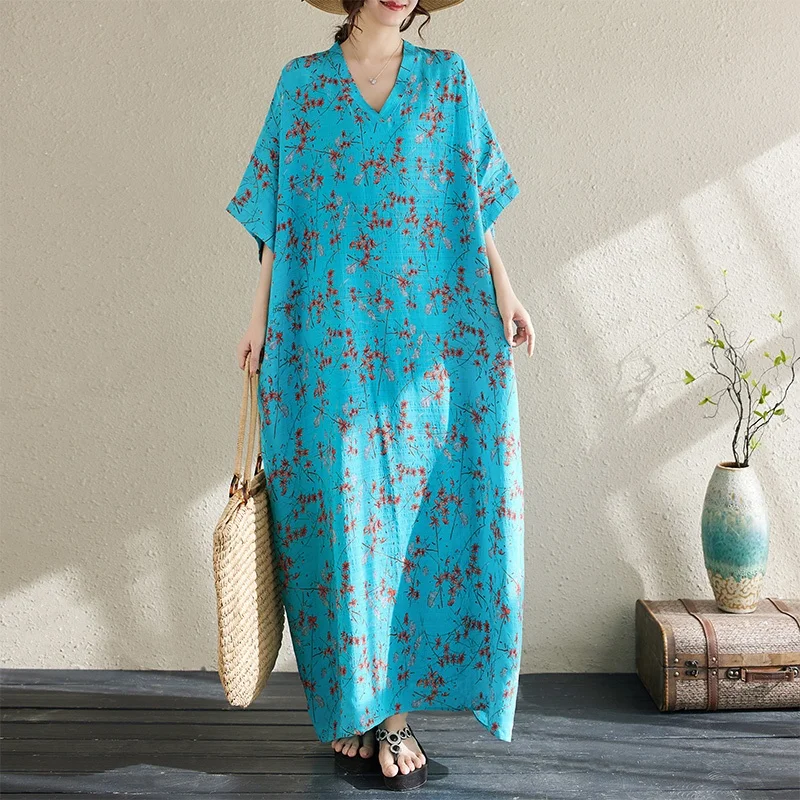 Été mince Floral Vaion Sle voyage v-ne rétro Long Dr doux confortable sur le genou coton lin mélange enveloppement Dr