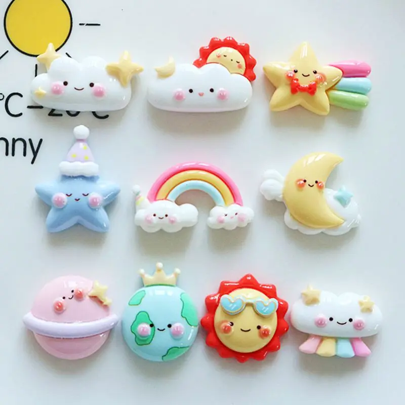 10Pcs New Cute Cartoon Rainbow, Stars, Clouds Series Flat Back Ornament Jewelry Bows Accessories