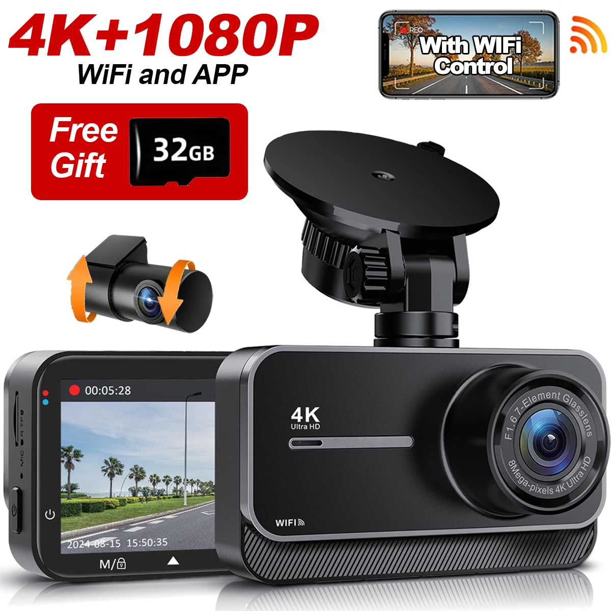 DashCam 4K WiFi Car Recording Camera DVR Video Recorder Black Box Front and Rear Dual Channels 24H Parking Mode HD Night Vision