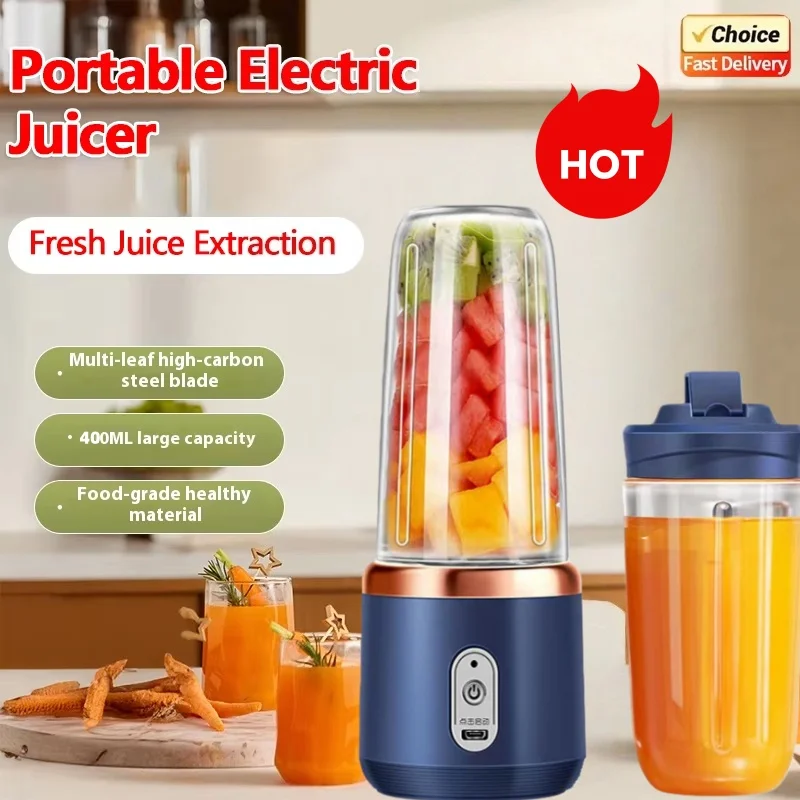 Licuadora Portátil de 400 ml, Exprimidor Eléctrico de Frutas con Carga USB, Vaso para Exprimir Limón y Naranja, Licuadora para Smoothies, 2 Vasos