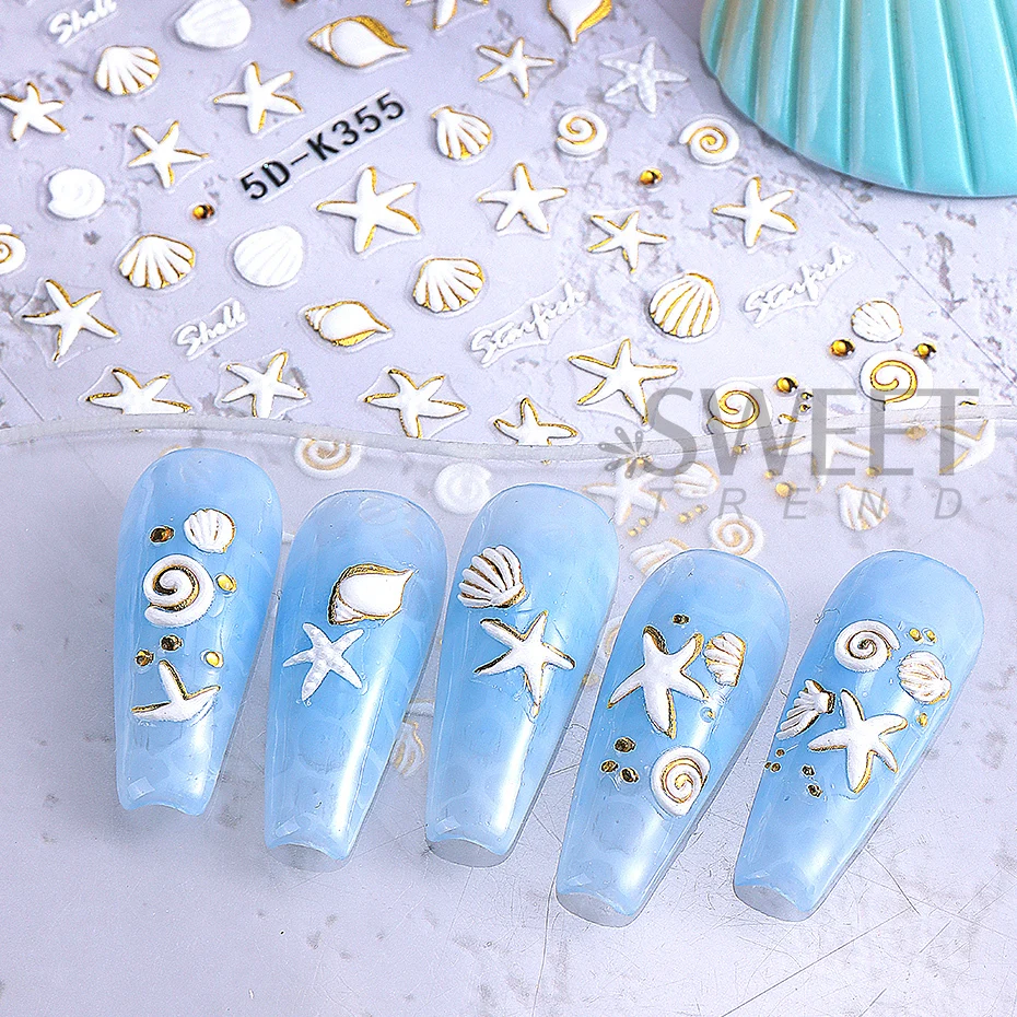 5d verão praia oceano conchas estrela do mar adesivos de unhas concha estrelas em relevo suprimentos da arte do prego decalques manicure charme decoração diy
