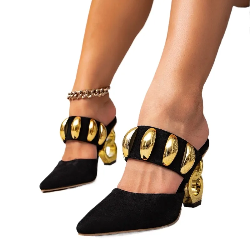 

Gold Rivet Buckle Decor Summer Mules Black Flock Pointed Toe Individual Strange Heel Slingbacks Women Sandals