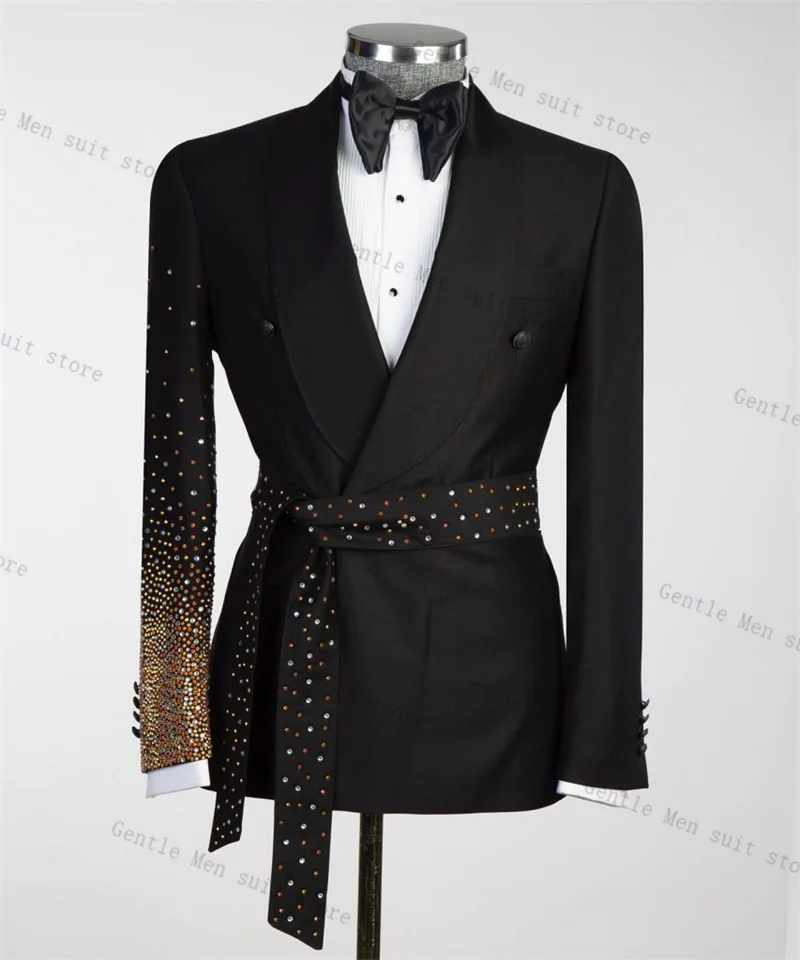 

Black Men Suit Set 2 Pcs Blazer+Pants Trousers Luxury Golden Crystals Wedding Tuxedo Formal Office Jacket Prom Coat Customized