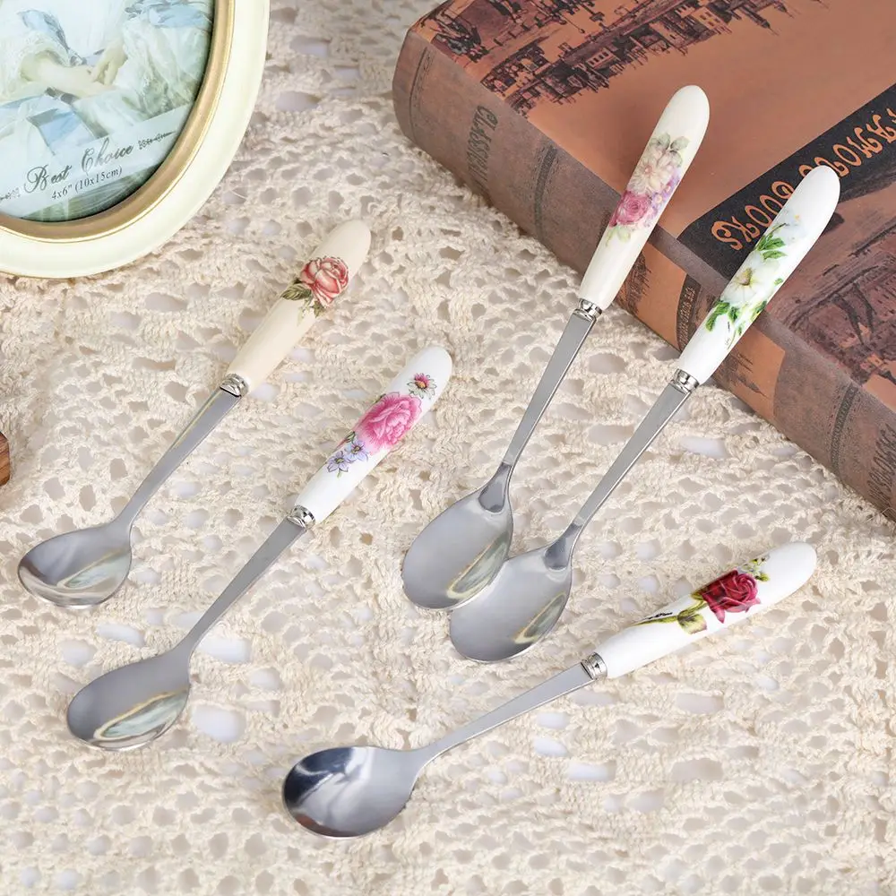 Long Handle Ceramics Spoon Ice Cream Dessert Teaspoon Rose Flowers Stainless Steel Mini Coffee Spoon Kitchen Tea Spoon