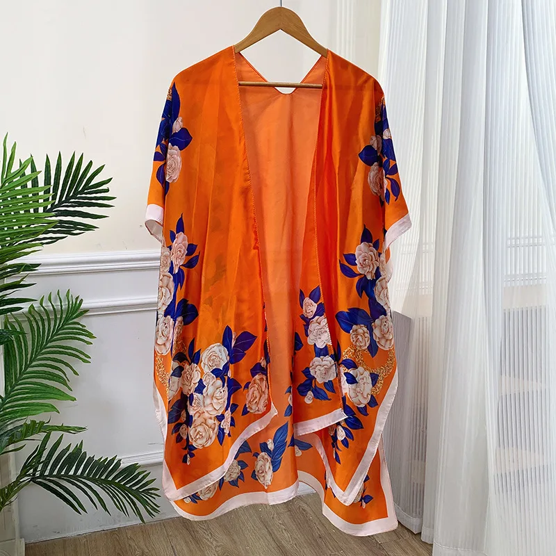 

90*180cm Fashion Scarves Women Cardigan Scarf Printing Silky Satin Hijab Female Travel Shawl Summer Beach Sunscreen Cover Up