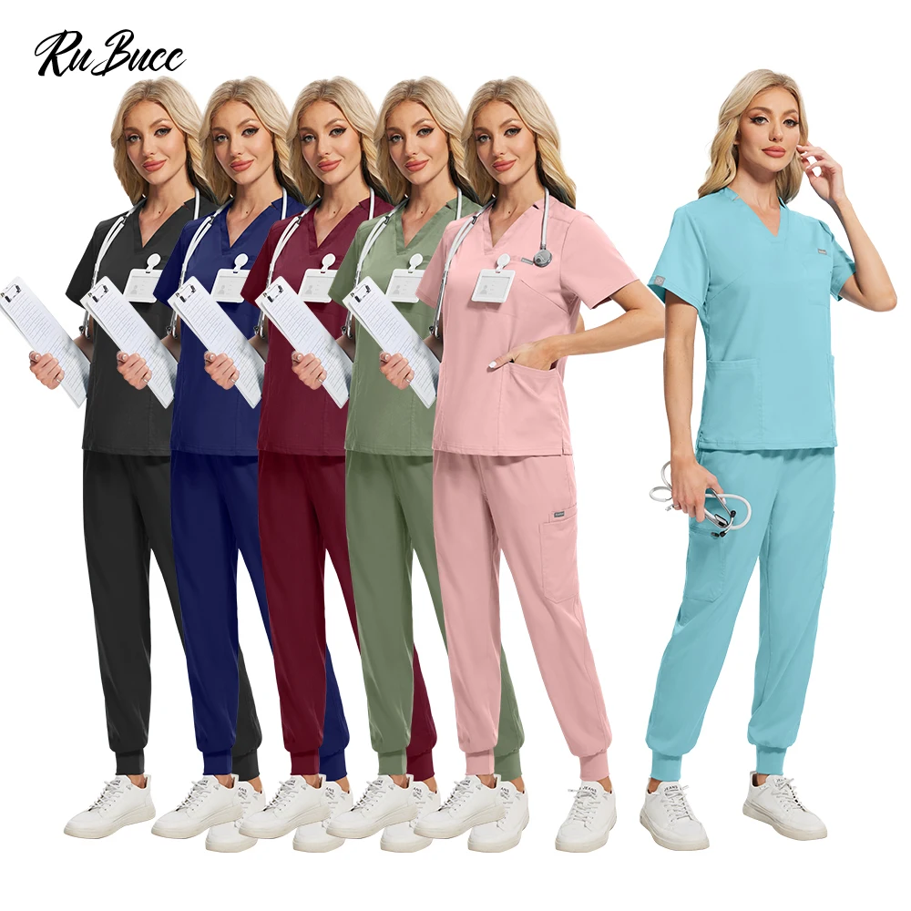 Medical Nurse Uniforms Scrubs Set Women Hospital Surgical Clothes Short Sleeve Tops+Jogger Pants Suit Pharmacy Nurse Accessories